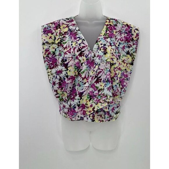 CAbi Women’s Eden Colorful Faux Wrap Floral Cap Sleeve Chiffon Blouse Sz Sm Boho - Picture 1 of 11